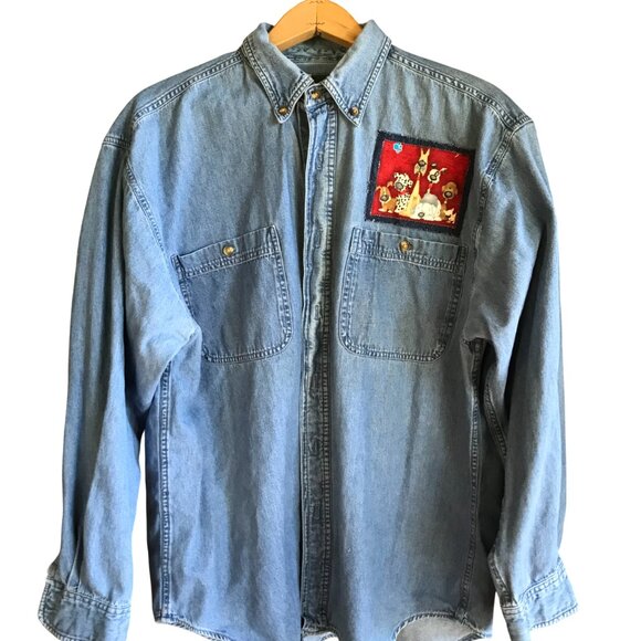 Upcycled Denim Patchwork Shirt, Size L: Give Me All the Puppies Dog Lover Jacket - Picture 3 of 9